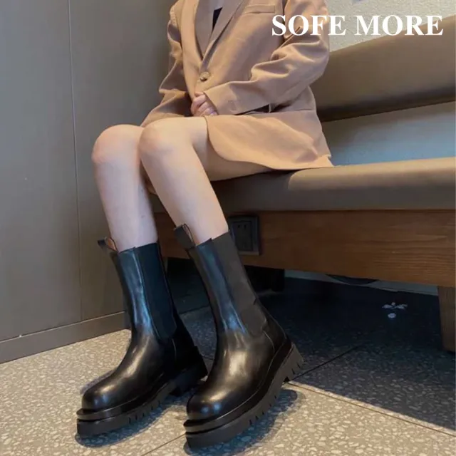 【SOFE MORE】厚底切爾西靴 中筒圓頭靴 修飾腿型短靴 側邊鬆緊帶好穿脫 行走穩定耐走短靴(切爾西靴)