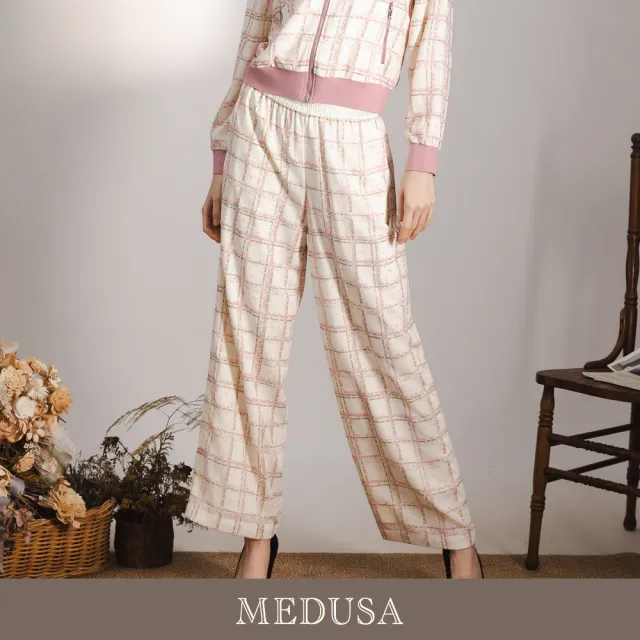【MEDUSA 曼度莎】現貨-輕甜格紋水鑽運動風垂墜長褲（M-XL）｜休閒長褲 運動風穿搭(701-1150B)
