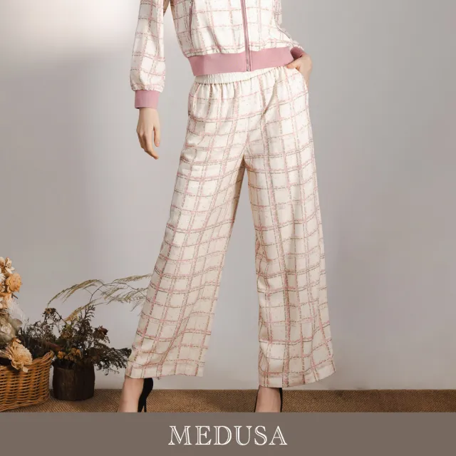 【MEDUSA 曼度莎】現貨-輕甜格紋水鑽運動風垂墜長褲(M-XL)|休閒長褲 運動風穿搭(701-1150B)