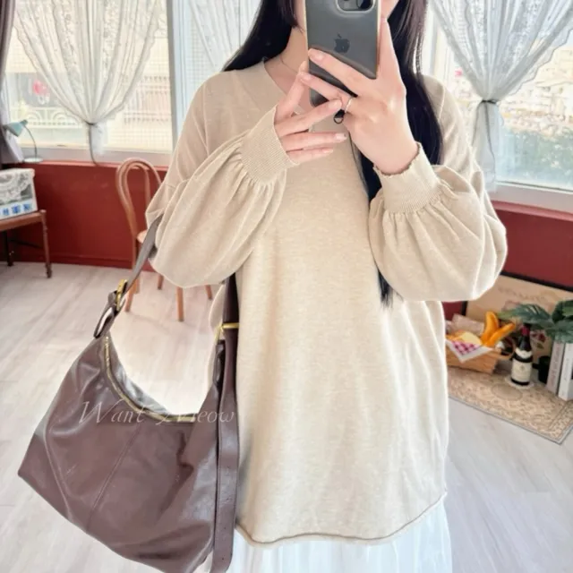 【Want-Meow】100公斤可穿/柔軟V領針織寬鬆下卷邊長袖毛衣(大碼上衣/大碼/大尺碼/孕婦/長袖毛衣)