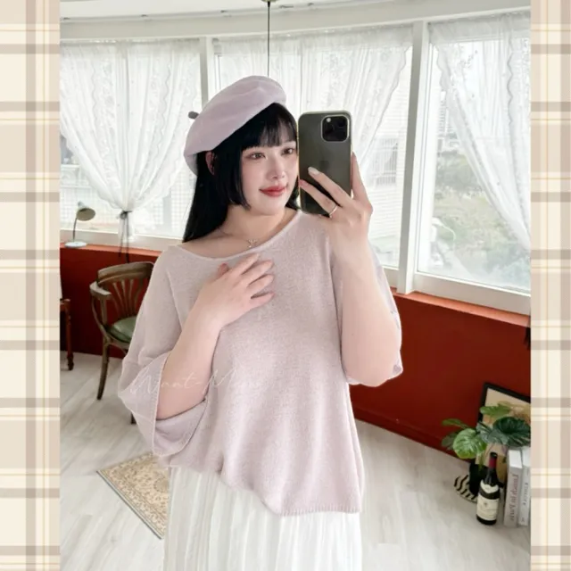 【Want-Meow】100公斤可穿/寬鬆韓系寬鬆落肩圓領針織上衣(大碼上衣/大碼/大尺碼/針織上衣)