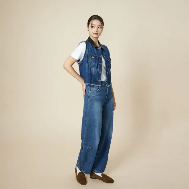 【Lee】女裝 牛仔外套 / 領異材質拼接 牛仔背心 中藍洗水 季節性版型(LB516010144)
