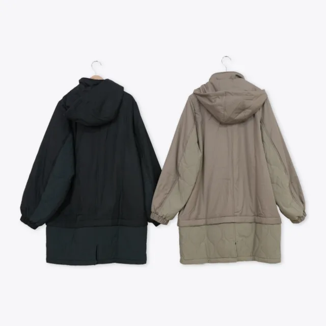 【MOSS CLUB】不規則前襟配布間棉長版連帽厚外套(黑 咖/魅力商品)