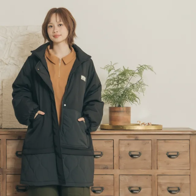 【MOSS CLUB】不規則前襟配布間棉長版連帽厚外套(黑 咖/魅力商品)