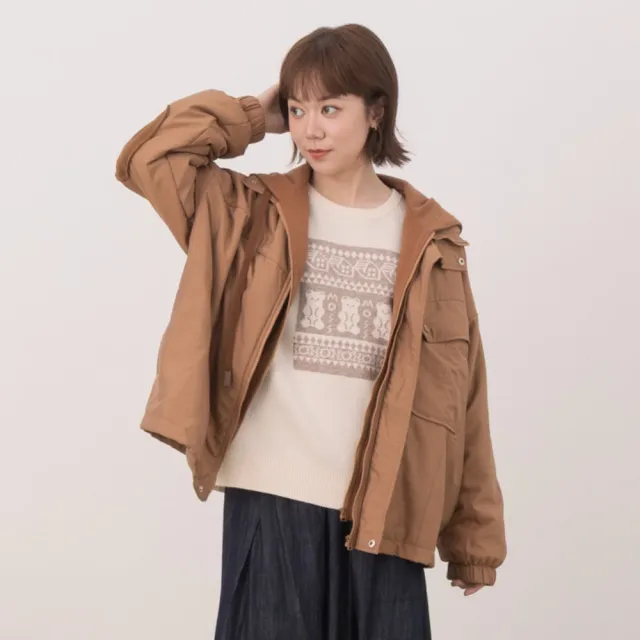 【MOSS CLUB】麻花提織拼接假兩件搖粒絨舖棉連帽外套(黑 咖 灰/魅力商品)