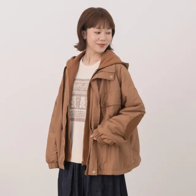 【MOSS CLUB】麻花提織拼接假兩件搖粒絨舖棉連帽外套(黑 咖 灰/魅力商品)