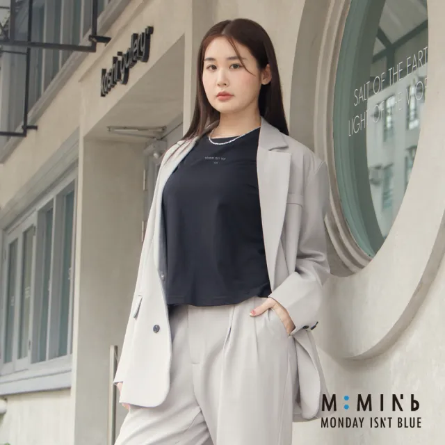【M：MINb】：lue側開衩寬鬆涼感微短T恤(黑色/中大尺碼女裝/大尺碼上衣/涼感)