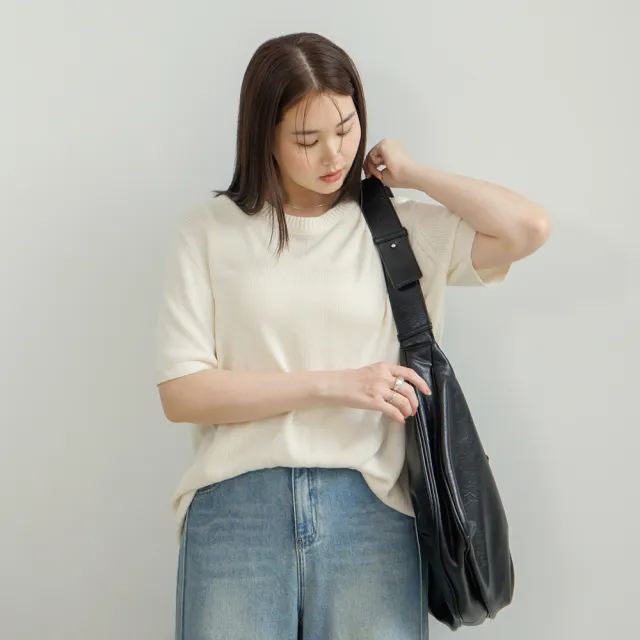【M：MINb】顯瘦鬆弛感五分袖線衫上衣(米白/中大尺碼女裝/大尺碼女裝/XL女裝/上衣/針織)