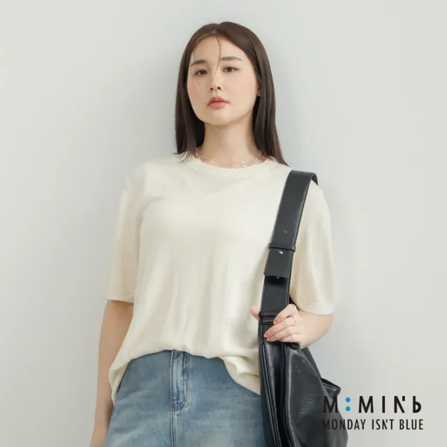 【M：MINb】顯瘦鬆弛感五分袖線衫上衣(米白/中大尺碼女裝/大尺碼女裝/XL女裝/上衣/針織)
