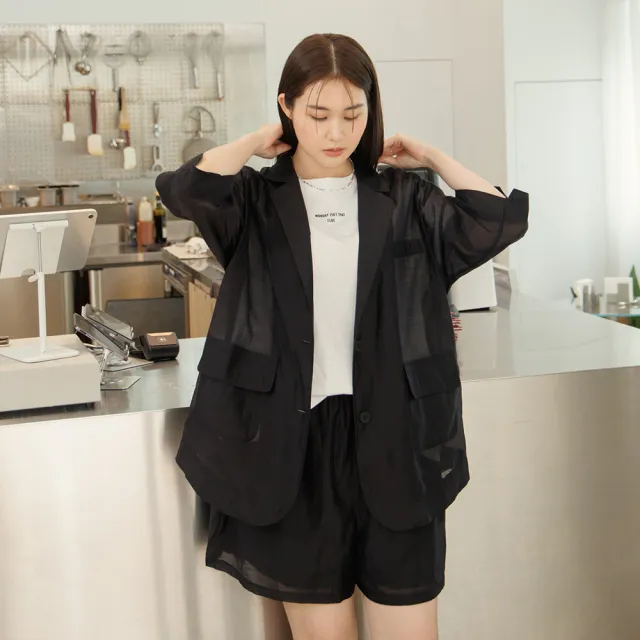 【M：MINb】度假感透膚襯衫西裝外套(黑色/中大尺碼女裝/大尺碼女裝/XL女裝/大尺碼上衣/背心)