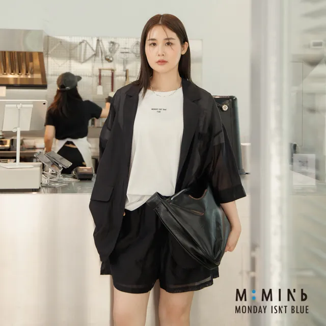 【M：MINb】度假感透膚襯衫西裝外套(黑色/中大尺碼女裝/大尺碼女裝/XL女裝/大尺碼上衣/背心)