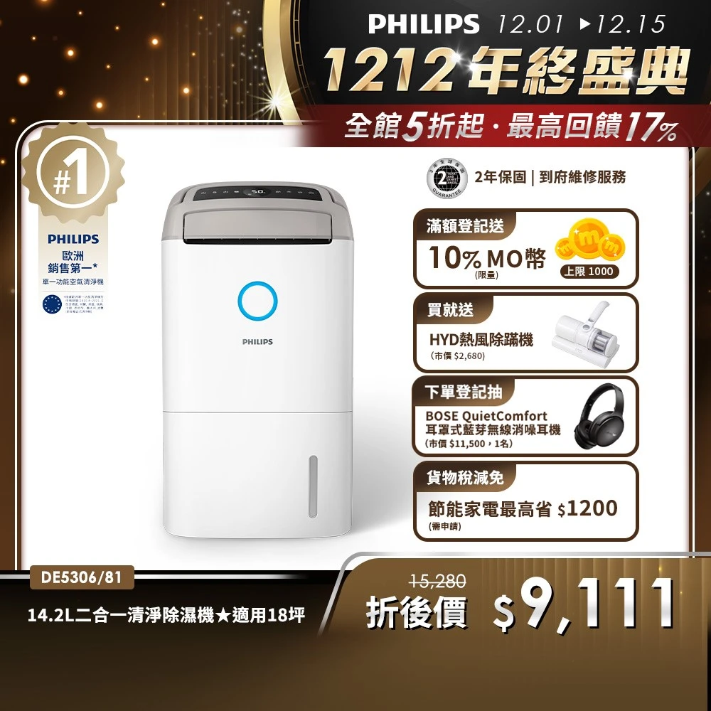 飛利浦清淨除濕機DE5306 Philips 飛利浦新一級能效14.2L抗敏清淨除濕機-星空灰,DE5306,81)