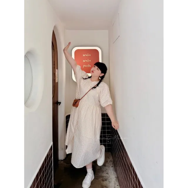 【Want-Meow】90公斤可穿/獨家自訂泡泡棉壓褶條紋口袋日系洋裝(大碼/大尺碼/加大碼/孕婦裝/洋裝)