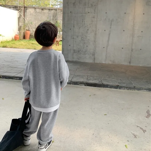 【橘魔法】假兩件細針織長袖上衣+縮口長褲 套裝(褲子 長褲 大童 男童 女童 兒童 童裝)