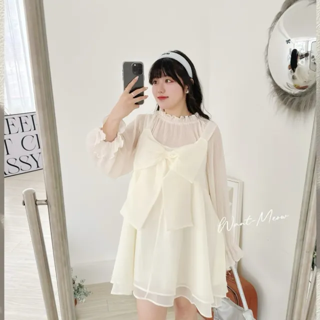 【Want-Meow】90公斤可穿/質感浪漫正反兩穿日系大蝴蝶結短洋裝(大碼/大尺碼/加大碼/孕婦裝/婚禮/洋裝)