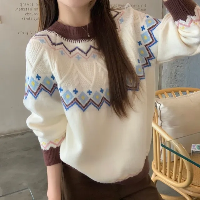 【AS 梨卡】女裝 毛衣 針織 上衣 拼色圓領 百搭毛衣 復古針織衫 韓版上衣 秋冬針織 ES021