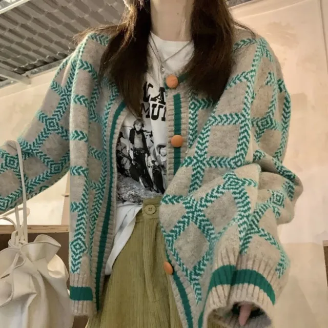 【AS 梨卡】女裝 外套 針織 毛衣 針織衫 針織外套 毛衣外套 格子 秋冬外套 秋冬穿搭DR352(針織外套 外套)