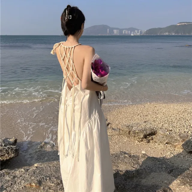 【AS 假日泳裝】女裝 長裙洋裝 度假洋裝 海邊洋裝 綁帶洋裝 掛脖洋裝 削肩洋裝 美背洋裝 C6510