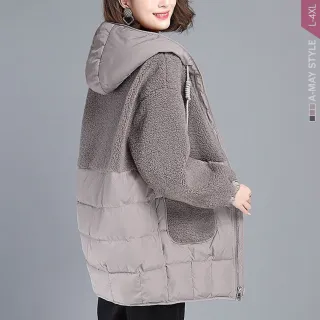 【艾美時尚】中大尺碼女裝 加絨 拼接仿羊羔毛休閒保暖鋪棉連帽外套。L-4XL(3色&加絨款.預購)