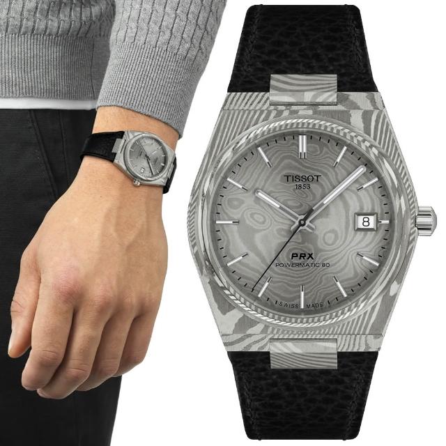 【TISSOT 天梭】PRX系列 大馬士革鋼 酒桶型 機械腕錶 618 週年慶 畢業禮物(T1378079608100)