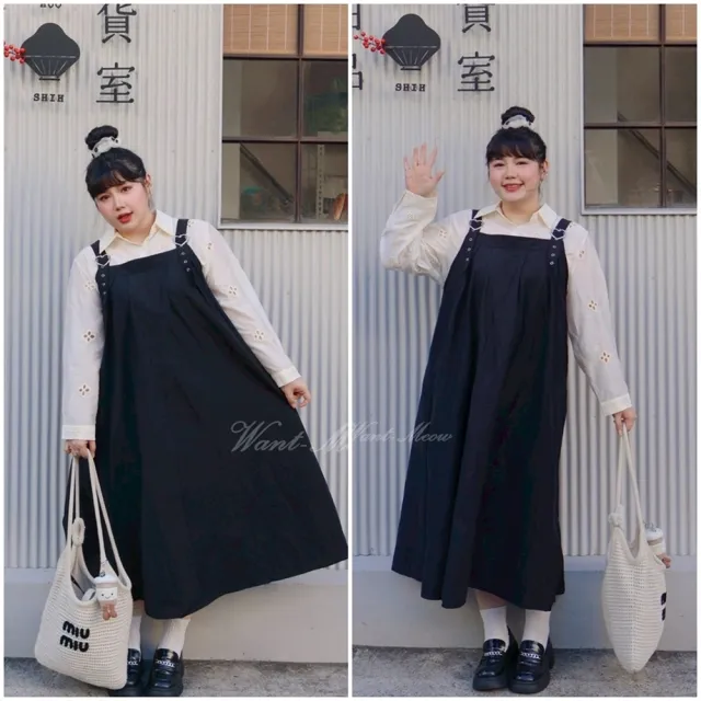 【Want-Meow】95公斤可穿/日系簡約寬鬆肩帶可調洋裝百搭吊帶裙(大碼/大尺碼/加大碼/孕婦裝/吊帶洋裝)