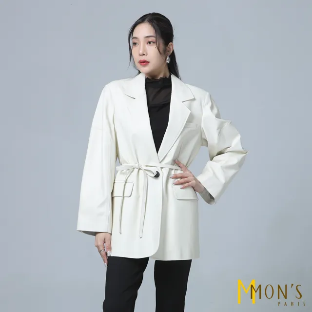 【MON’S】綿羊皮長版西裝綁帶外套(100%綿羊皮)