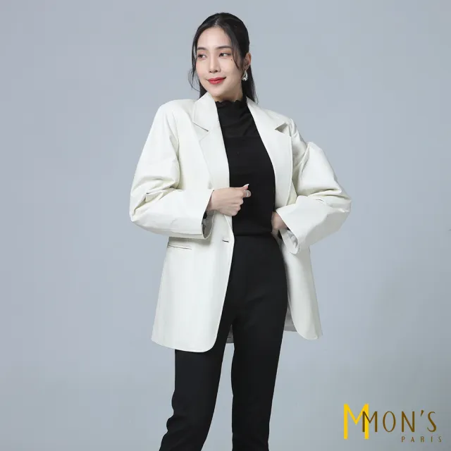 【MON’S】綿羊皮長版西裝綁帶外套(100%綿羊皮)