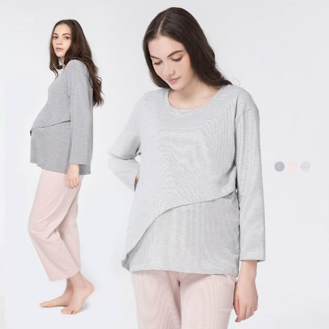 【Gennies 奇妮】親膚棉質成套居家哺乳衣(孕婦裝 月子服 居家服 睡衣 上掀哺乳 居家褲 抽繩 寬版直筒)