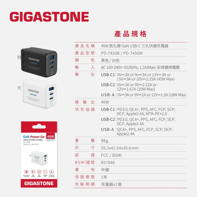 【Gigastone 立達國際】45W GaN氮化鎵三孔USB-C快充充電器PD-7450(支援iPhone17/MacBook筆電快充充電頭)