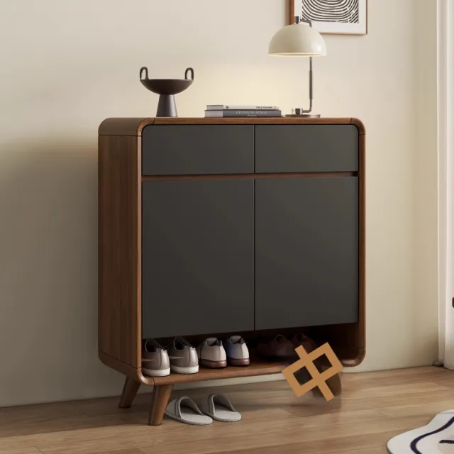 【銘利萊】實木框鞋櫃 新中式鞋櫃 入戶進門室內玄關櫃 一體鞋櫃(三門三抽 胡桃深灰門100*34.5*100)