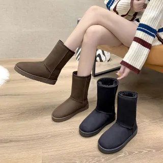 【Alberta】偏小 筒高20 底厚4.5 筒圍35cm 加絨保暖中筒雪地靴 平底雪靴 2色