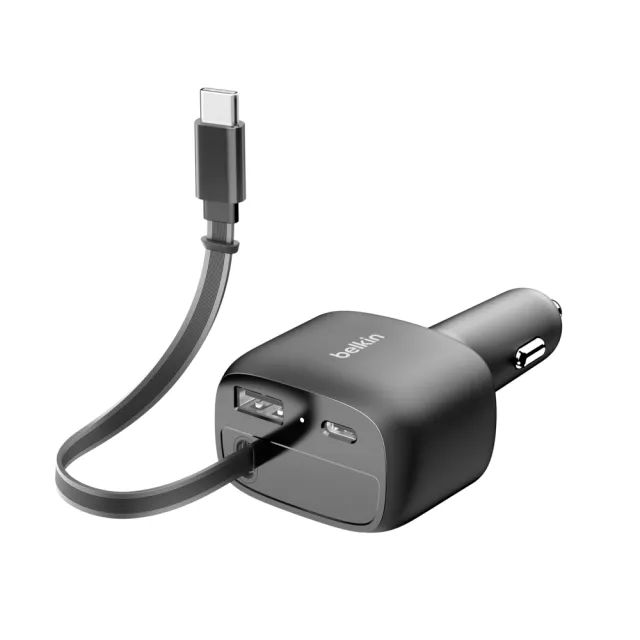 【BELKIN】BoostCharge 75W 自帶線車用充電器1C+1A+1伸縮TYPE-C線_伸縮線長75cm(CCC001fqBK)