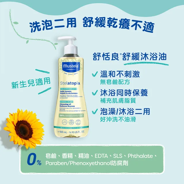 【Mustela 慕之恬廊】舒緩沐浴油500mlX3入(乾癢肌洗澡洗髮泡澡 無香 保水補油)