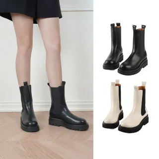 【SANDARU 山打努】中筒靴 真皮鬆緊厚底切爾西靴(白)