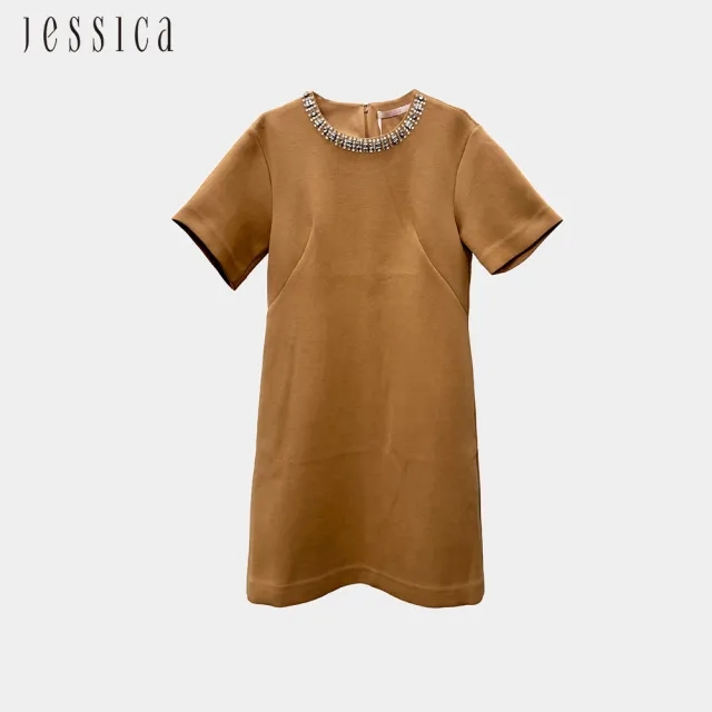 【JESSICA】簡約百搭圓領鑽飾棉質短袖洋裝244725（駝）