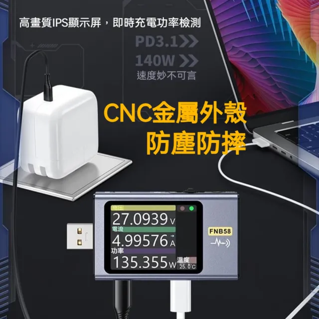 【FNIRSI】高階USB/PD電壓電流測試儀(FNB58 傳輸線 USB檢測 快充協議PD3.1 紋波測量 TC 140W 線材阻抗)
