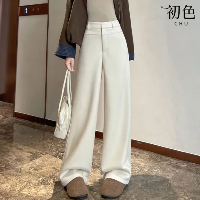 【初色】簡約醋酸毛絨軟糯闊腿垂感直筒西裝褲休閒褲寬褲長褲-共2色2款-17439(M-2XL可選)