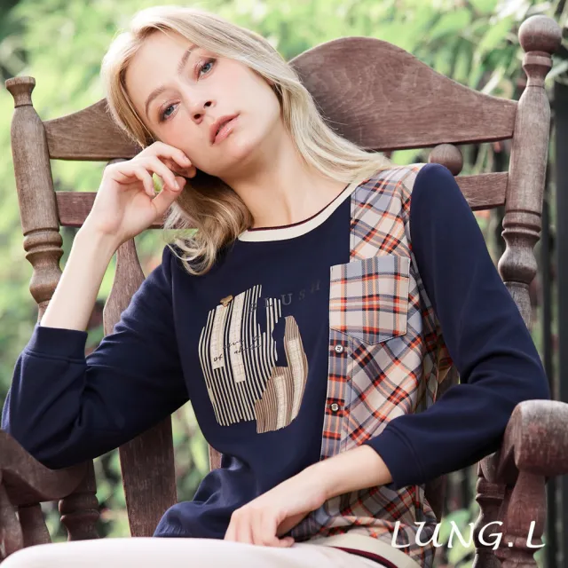 【LUNG.L 林佳樺】LT89A 藍色拼接格紋搭配印圖長袖女裝上衣(秋冬新品)