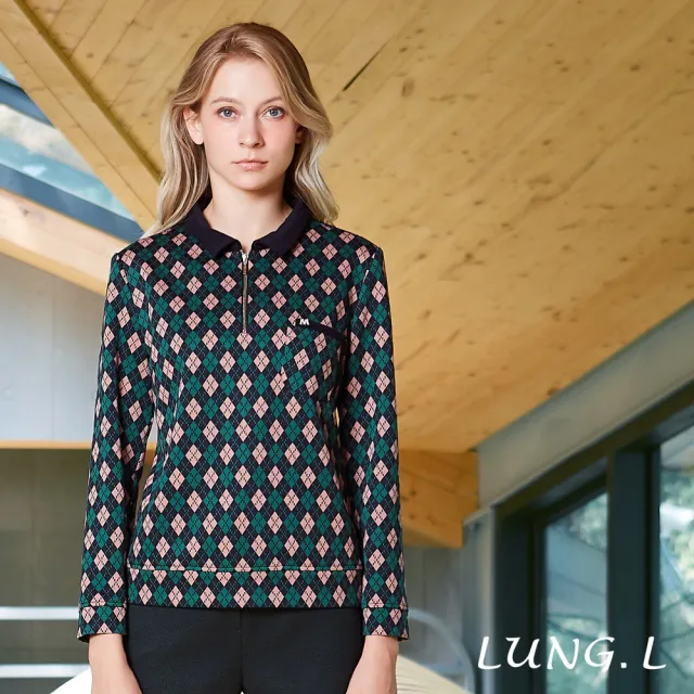 【LUNG.L 林佳樺】LU19A 綠色質感菱格紋長袖女裝上衣(秋冬新品 加大尺碼 保暖)