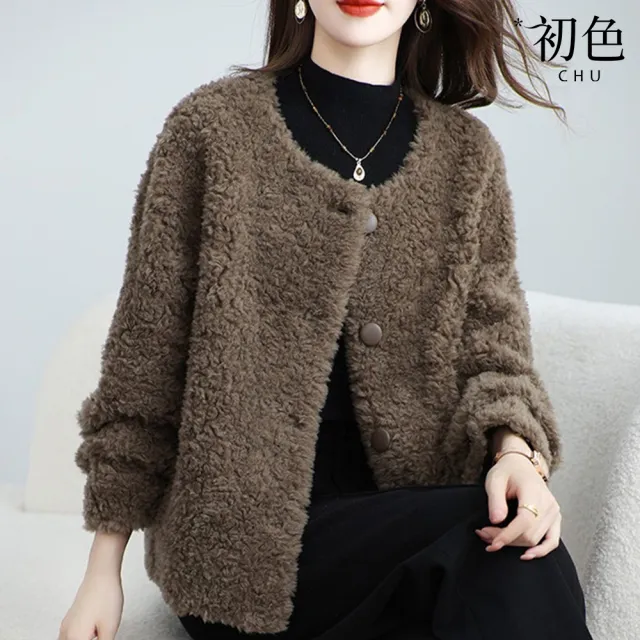 【初色】小香風簡約純色長袖排釦圓領仿皮草保暖絨毛大衣外套女外套-咖色-17553(M-2XL可選)