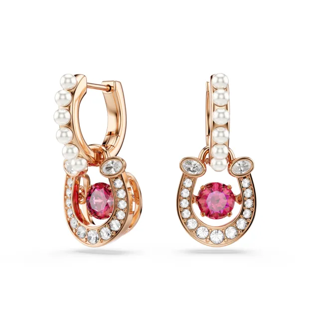【SWAROVSKI 施華洛世奇】Symbolica 水滴形耳環 晶珍珠  圓形切割  密鑲  馬蹄鐵  紅色  鍍玫瑰金色調