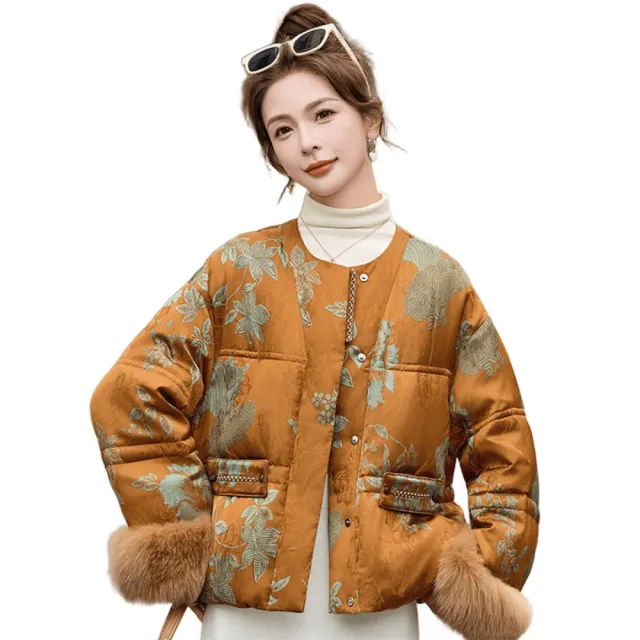 【巴黎精品】頂級真羽絨外套狐狸毛袖新中式90%白鴨絨羽絨衣寬鬆上衣秋冬大碼女裝(提花款n1mh16)