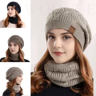 【WOONUE】秋冬專櫃發熱內裡加絨美麗諾羊毛混紡毛帽+圍脖圍巾(情侶男女友情人母親媽媽奶奶新年生日禮物)