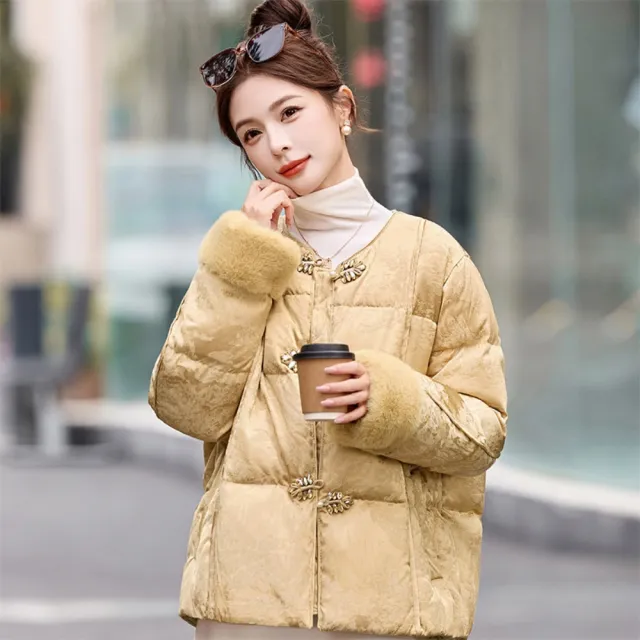 【巴黎精品】頂級真羽絨外套新中式90%白鴨絨羽絨衣寬鬆秋冬大碼女裝(圓領盤扣毛袖2色n1mh19)