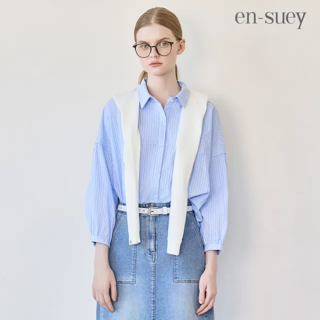 【en-suey 銀穗】網路限定 後開洞條紋剪接活褶拋袖襯衫-女