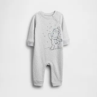 【GAP】嬰兒裝 小熊印花圓領長袖包屁衣/連身衣-灰色(845599)