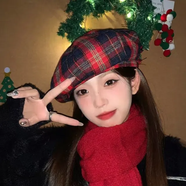 【橘魔法】英倫黑紅格紋貝雷帽(女 大人 報童帽 畫家帽 貝蕾帽 帽子 聖誕節 耶誕 大紅 過年 新年 女裝)