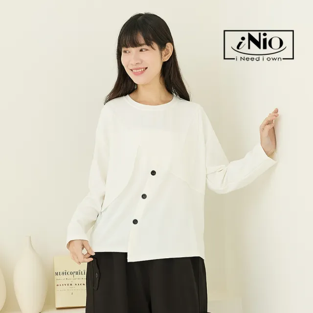 【iNio 衣著美學】立體拼接顯瘦修身長袖上衣 斜式拼接剪裁 圓領長袖棉T(CEW1836)