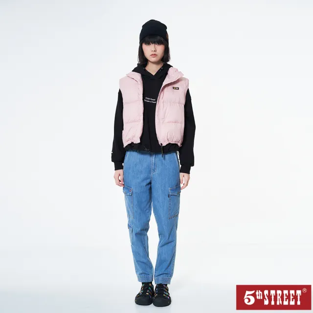 【5th STREET】雙11 女裝 羽絨背心 背心外套 短版 寬版 立領 粉紅 杏 黑色(5A5006)