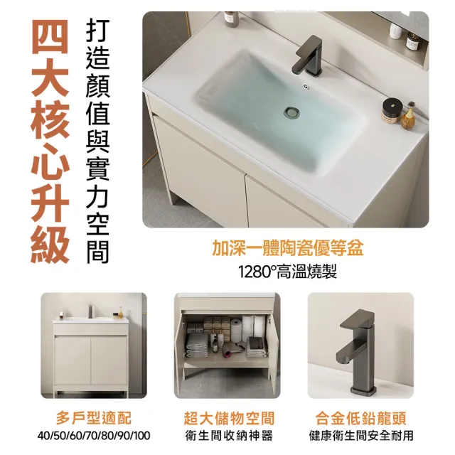 【歐德沐】奶油風太空鋁落地式浴室櫃 浴櫃 浴室收納櫃 衛生間洗手盆 洗臉盆(60公分 破損包賠 預購15天)